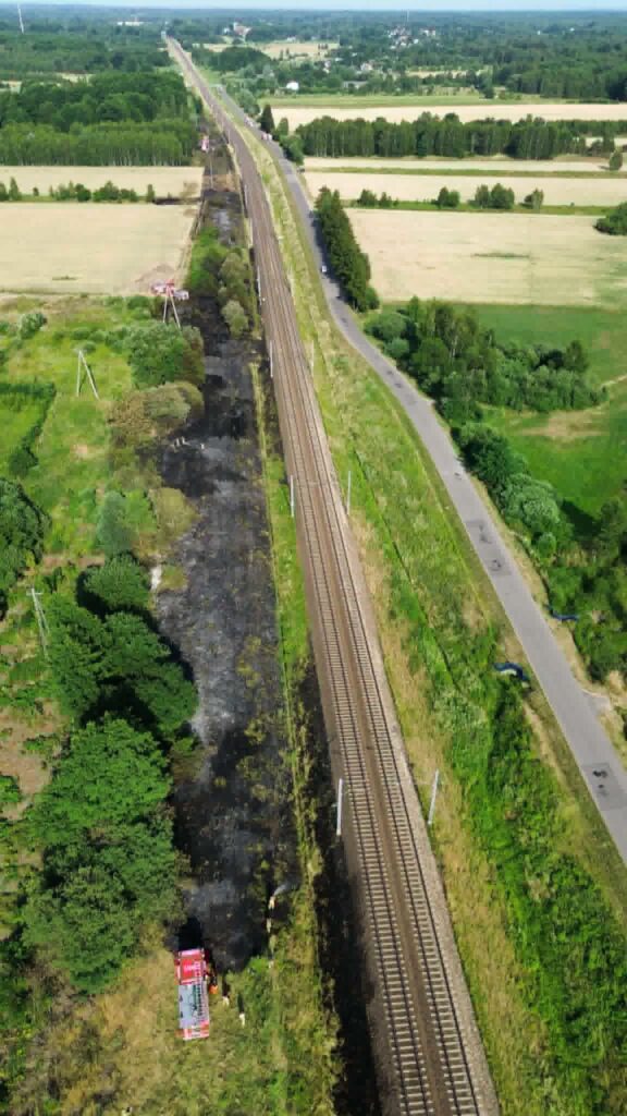 Strażacy gaszą pożar trawy obok torów kolejowych, w otoczeniu zieleni i pól uprawnych. W tle widoczna droga.