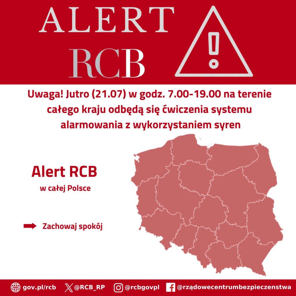 Na czerwonym tle znajduje się informacja o ćwiczeniach systemu alarmowania w Polsce, z mapą kraju i hasłem "Zachowaj spokój".