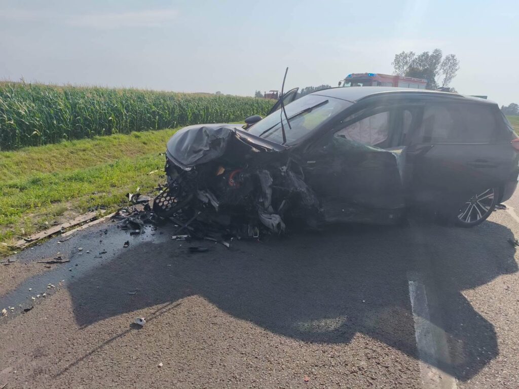 Uszkodzony samochód osobowy leżący na drodze, obok pola kukurydzy, z widocznymi śladami wypadku.