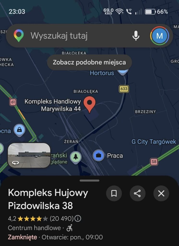 Miejsce na mapie z zaznaczonym kompleksem handlowym Marywilska 44 oraz innym kompleksem przy Pizdowińskiej 38.