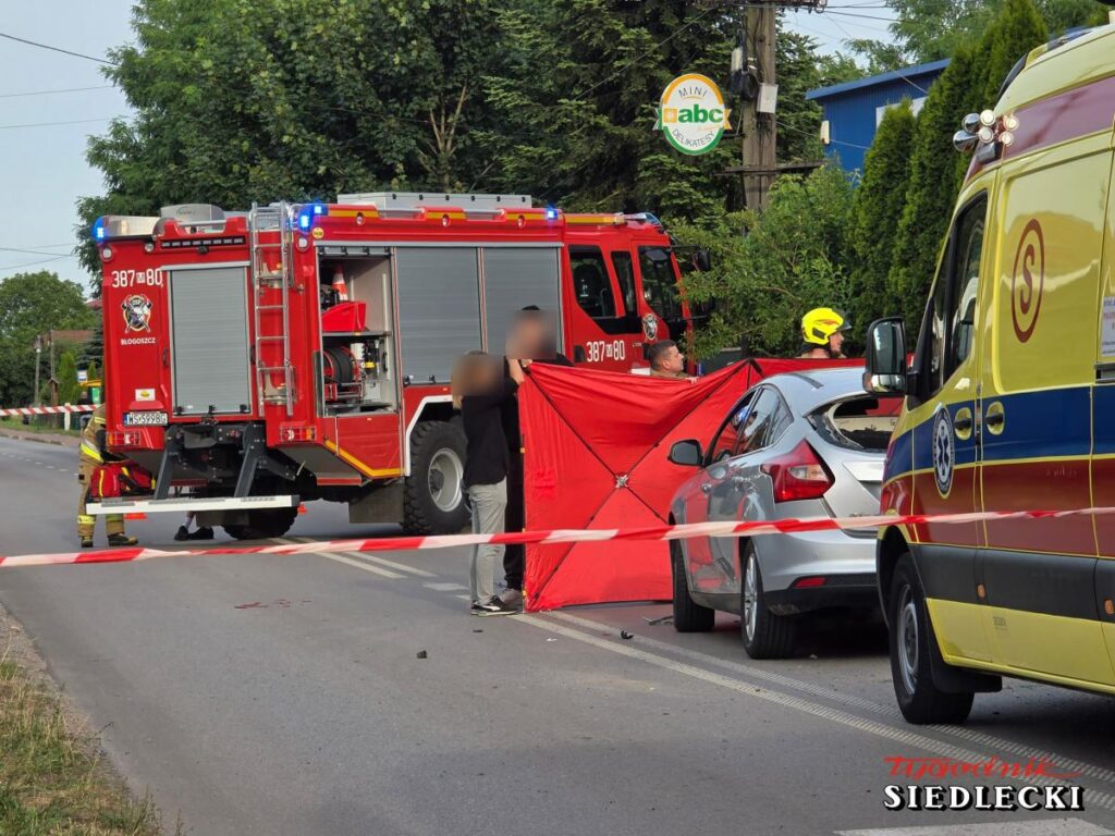 W miejscu wypadku drogowego, strażacy zabezpieczają teren, a obok stoi uszkodzone auto oraz karetka.