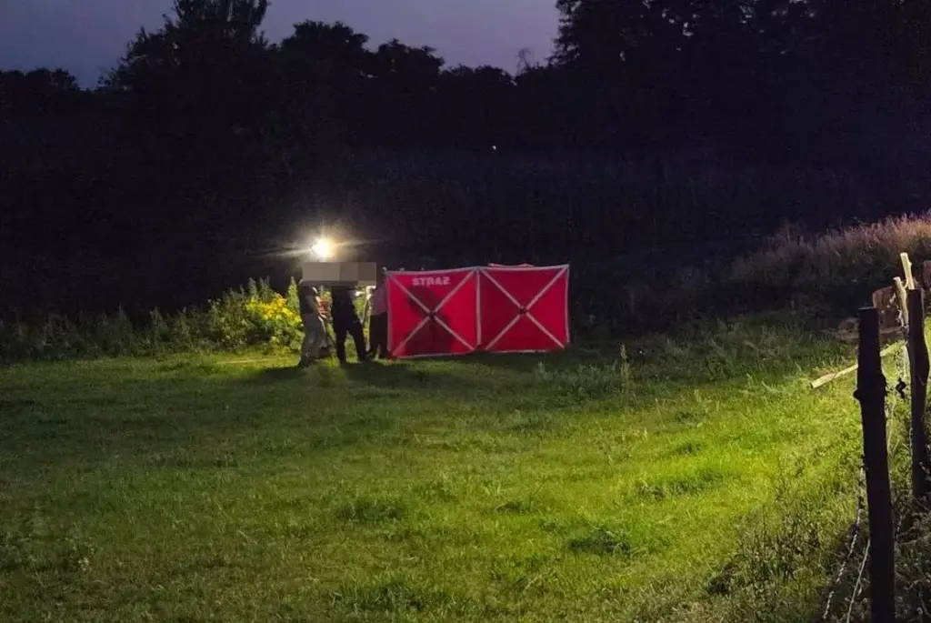 Grupa strażaków ustawia czerwony namiot w oświetlonym miejscu na tle ciemnego krajobrazu nocnego.