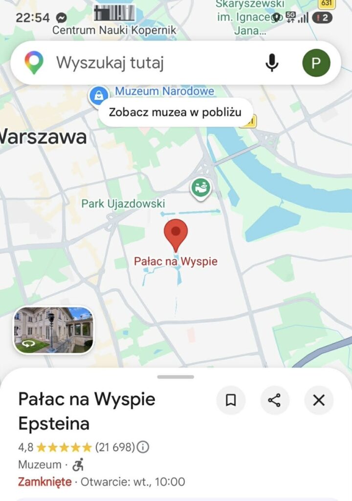 Mapka z lokalizacją Pałacu na Wyspie w Warszawie, z informacjami o muzeum i godzinach otwarcia.