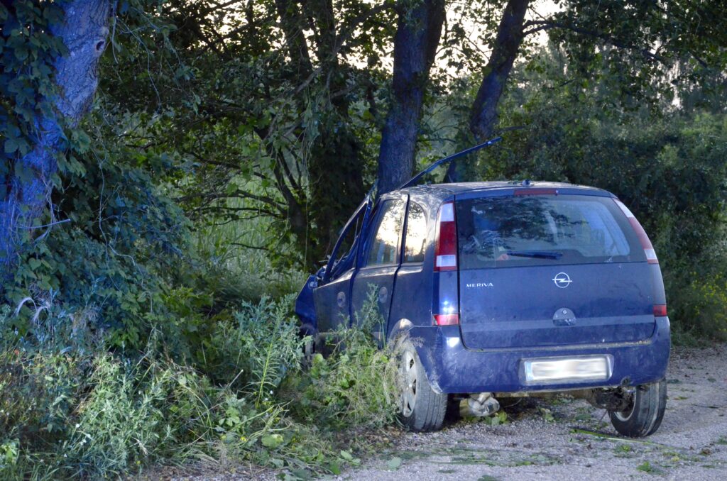 Niebieski samochód osobowy z uszkodzoną tylną częścią, zaparkowany w zaroślach obok drzewa.