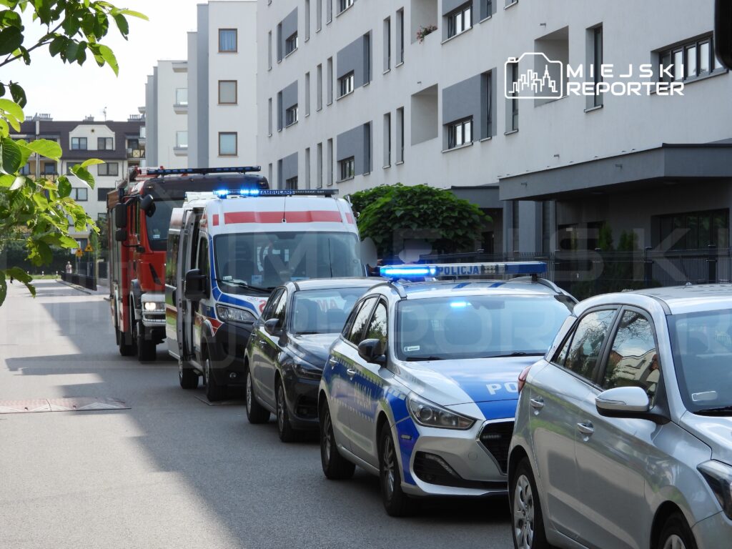Wzdłuż ulicy stoją pojazdy służb ratunkowych: wóz strażacki, ambulans i radiowóz policyjny, otoczone przez zaparkowane samochody.