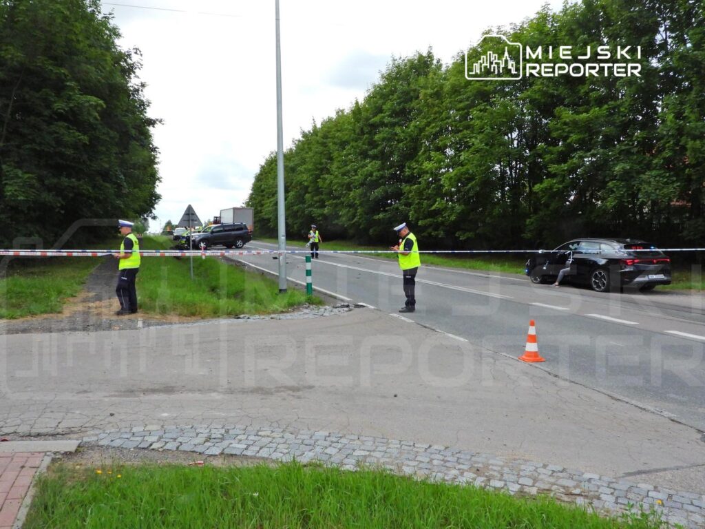 Policjanci w kamizelkach odblaskowych zabezpieczają miejsce zdarzenia drogowego, przy ruchliwej drodze, otoczeni przez drzewa.