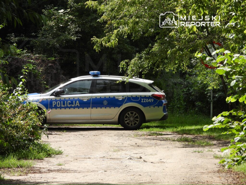 Policyjny radiowóz zaparkowany na leśnej drodze, otoczony gęstą roślinnością.