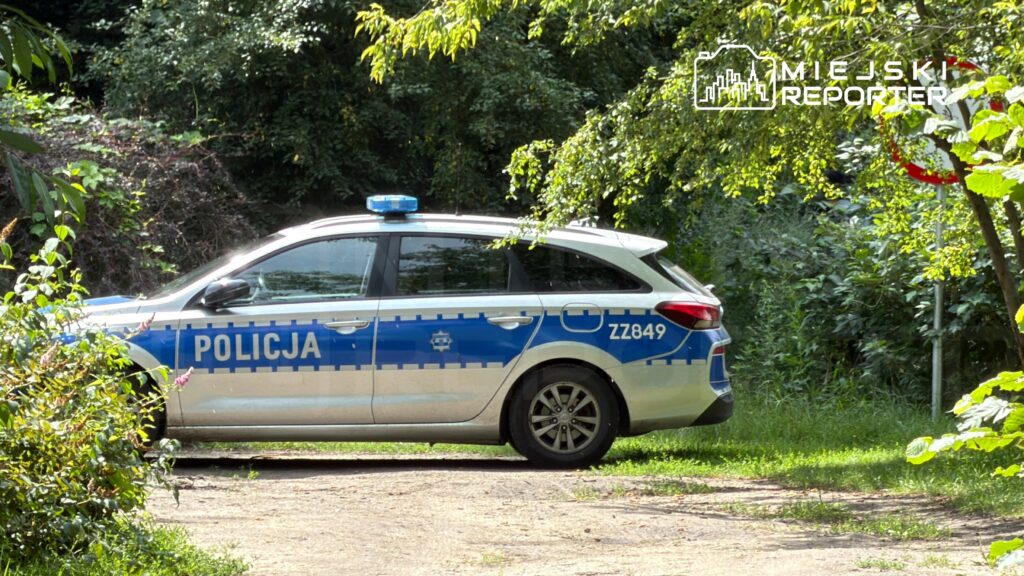 Radiowóz policyjny zaparkowany w zielonym otoczeniu, obok oznaczenia drogi.