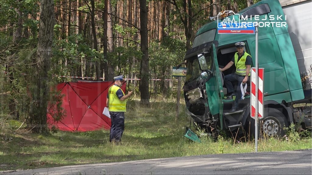 Kierowca ciężarówki w zielonym uniformie siedzi za kółkiem pojazdu, podczas gdy policjant w kamizelce odblaskowej prowadzi czynności na miejscu wypadku w lesie.