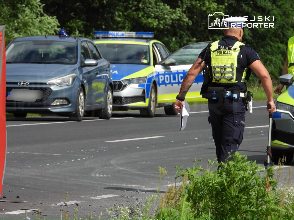 Policjant w kamizelce odblaskowej prowadzi czynności na drodze obok zaparkowanych radiowozów.