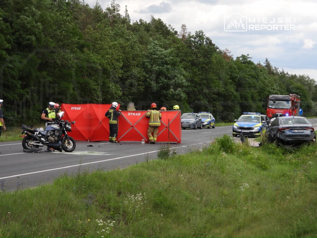 Grupa strażaków zabezpiecza miejsce wypadku drogowego na szosie, obok przewrócony motocykl i policyjne radiowozy.