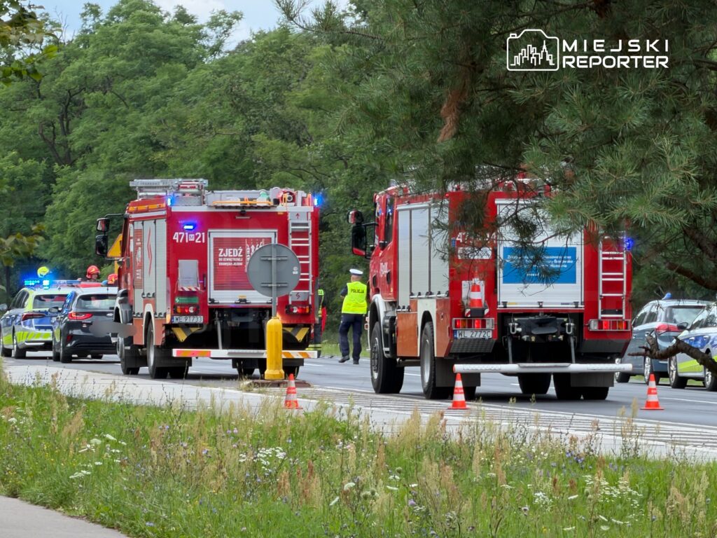 W tle widać dwa wozy strażackie z włączonymi sygnałami świetlnymi, a obok nich policjant kierujący ruchem drogowym.
