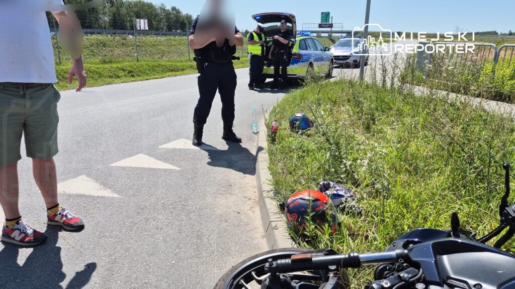 Mężczyzna w krótkich spodniach rozmawia z policjantem obok przewróconego motocykla na poboczu drogi.