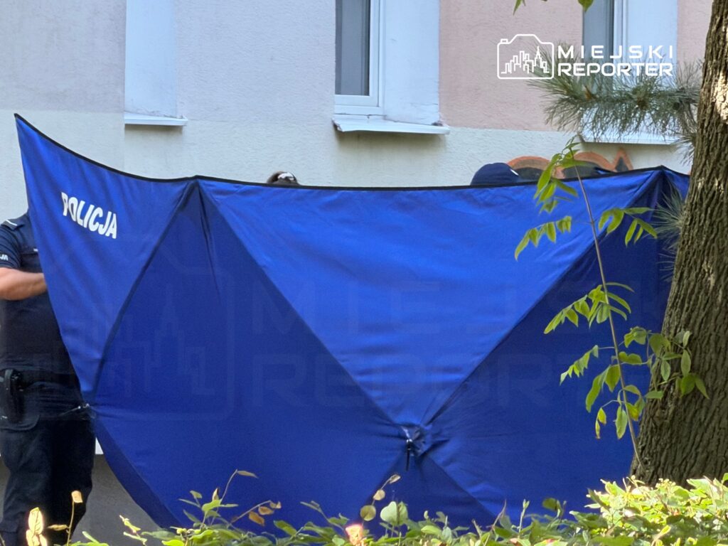 Policjanci ustawiają niebieski namiot na terenie posesji, w tle widoczna ściana budynku.