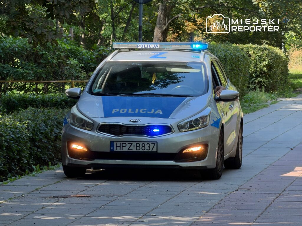 Policyjny samochód z niebieskimi światłami zatrzymany na ścieżce w parku, obok gęstej roślinności.