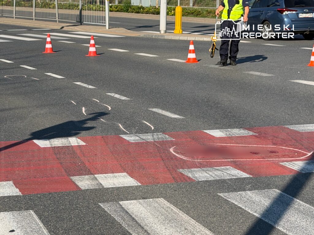 Policjant w kamizelce odblaskowej bada miejsce zdarzenia na skrzyżowaniu, otoczonym pachołkami.