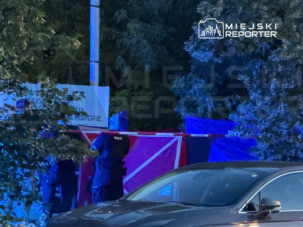 Grupa policjantów w mundurach zabezpiecza teren, na którym widoczne są flagi i znaki informacyjne.