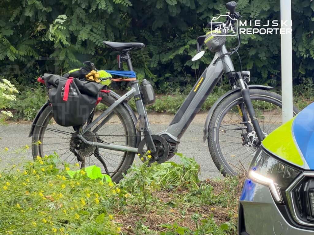 E-rower zaparkowany obok ścieżki, z torbą na bagażniku, w otoczeniu zieleni i kwiatów.