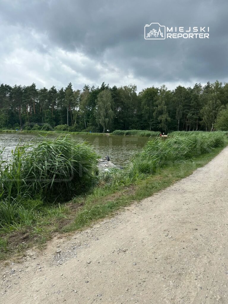Zielone krzaki rosnące wzdłuż spokojnej wody, nad którą widać ciemne chmury i leśne otoczenie.