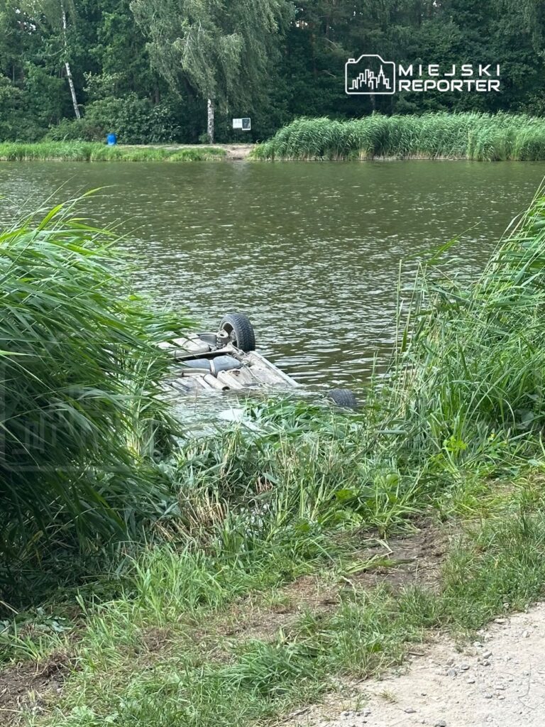 Na brzegu jeziora leży odwrócona łódka, częściowo zanurzona w wodzie, otoczona wysoką trawą i krzewami.