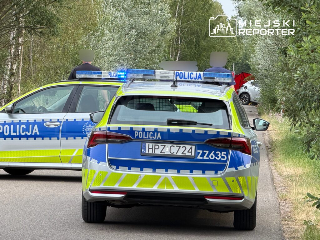 Policyjny radiowóz z niebieskimi i żółtymi odblaskami zatrzymany na poboczu drogi, obok mężczyzna rozmawia z policjantami.