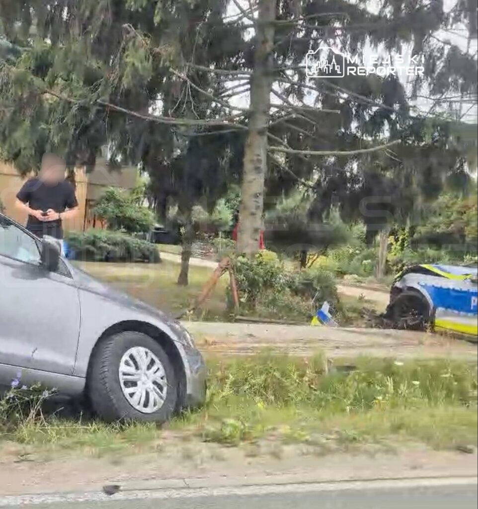 Mężczyzna w czarnej koszulce stoi obok uszkodzonego samochodu osobowego przy drodze, w tle widać policyjny radiowóz.