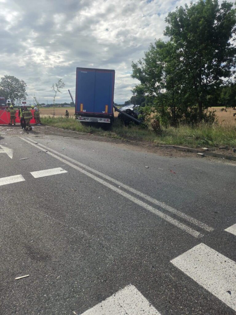 Zespół ratunkowy pracuje przy wypadku drogowym, gdzie ciężarówka wjechała w pobocze, obok pola zboża.