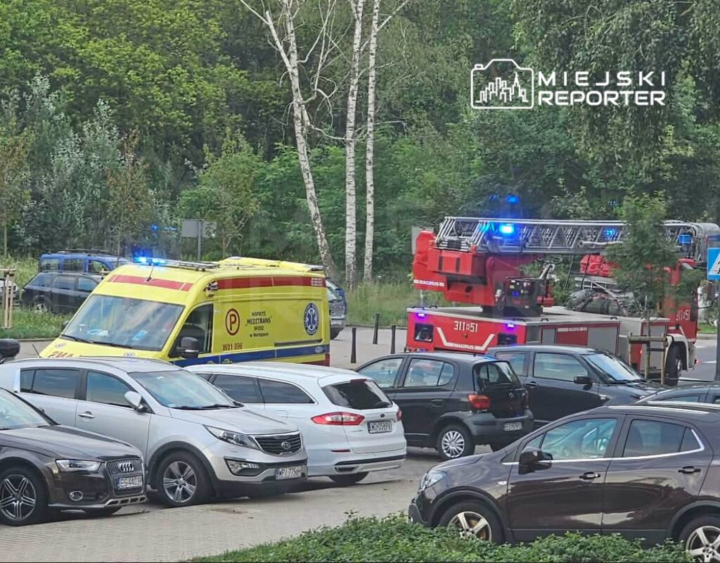 Karetka pogotowia i wóz strażacki z włączonymi sygnałami świetlnymi na parkingu otoczonym drzewami.