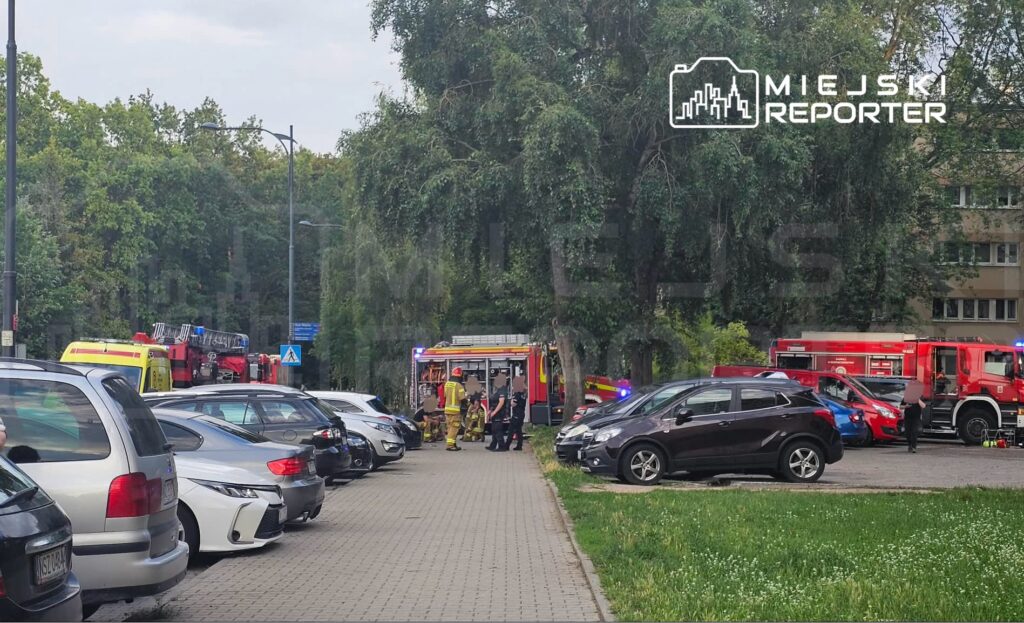 Grupa strażaków i ratowników w akcji obok wozu strażackiego na parkingu otoczonym drzewami.
