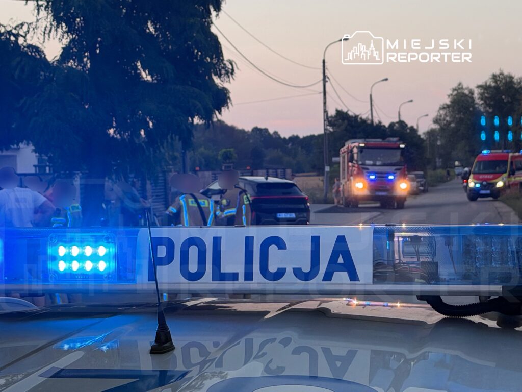 Policjanci w odblaskowych mundurach prowadzą interwencję na drodze, obok przejeżdżają pojazdy służb ratunkowych.
