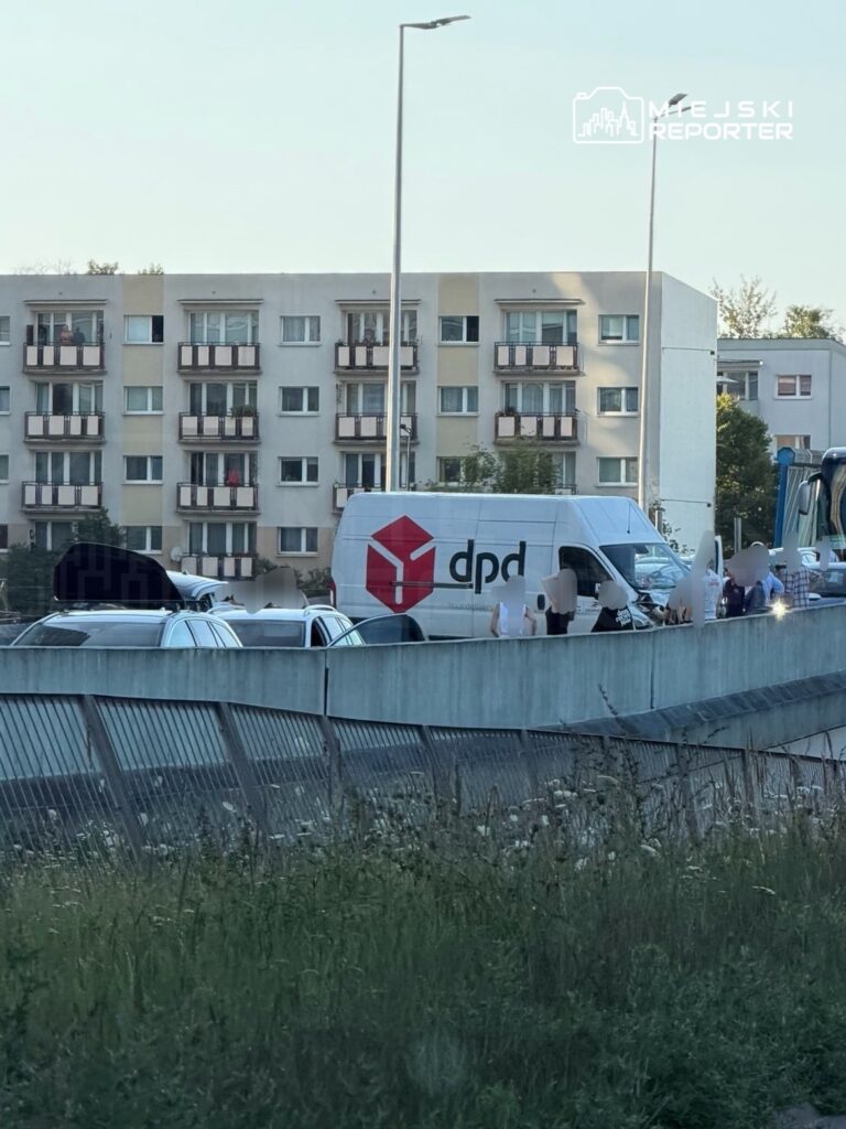 Kierowca dostawczego vana DPD rozmawia z grupą osób obok zaparkowanych samochodów w miejskim otoczeniu.