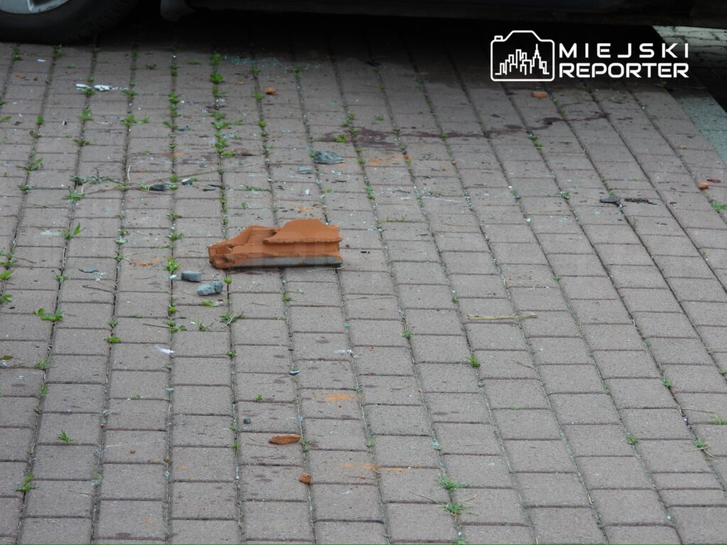 Na chodniku leży kawałek ceramicznej dachówki obok odłamków szkła i chwastów.