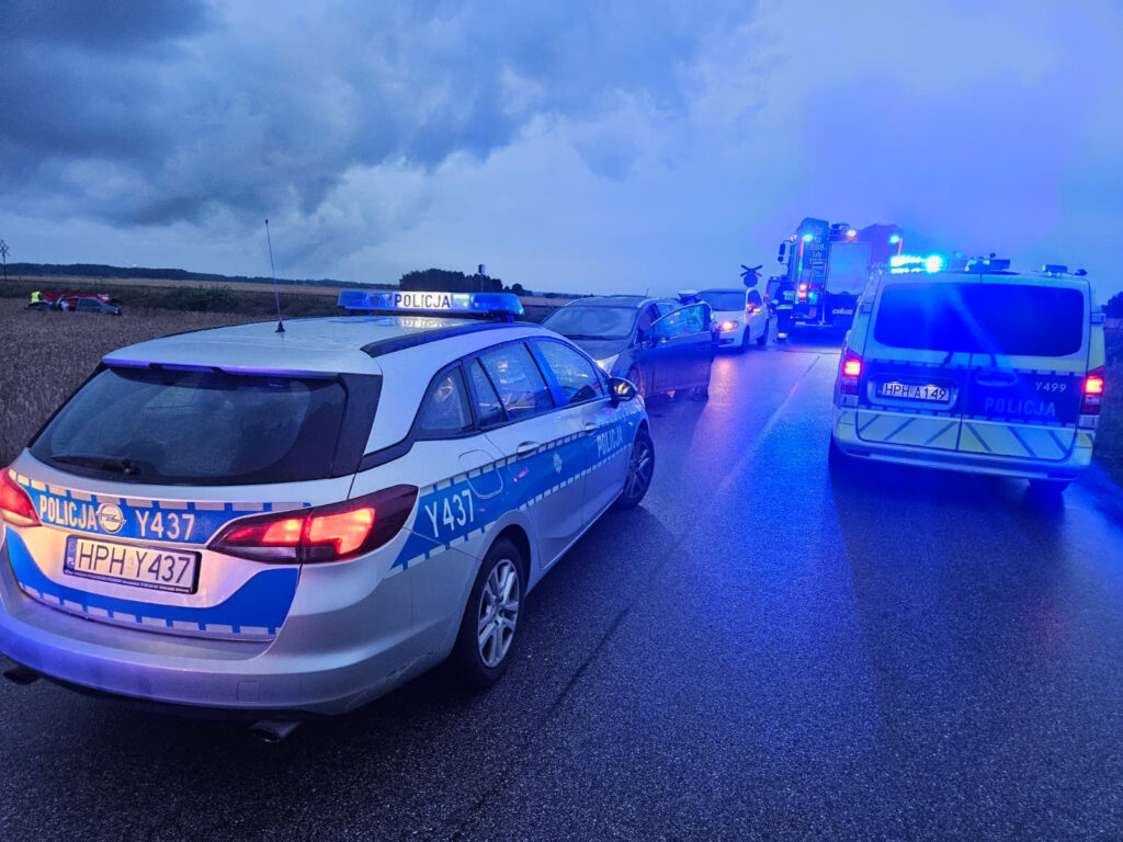 Na drodze zatrzymane pojazdy policyjne z włączonymi sygnałami świetlnymi, w tle widoczny wypadek.