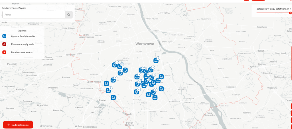 Mapa Warszawy z oznaczeniami potwierdzonych awarii prądu w różnych dzielnicach.