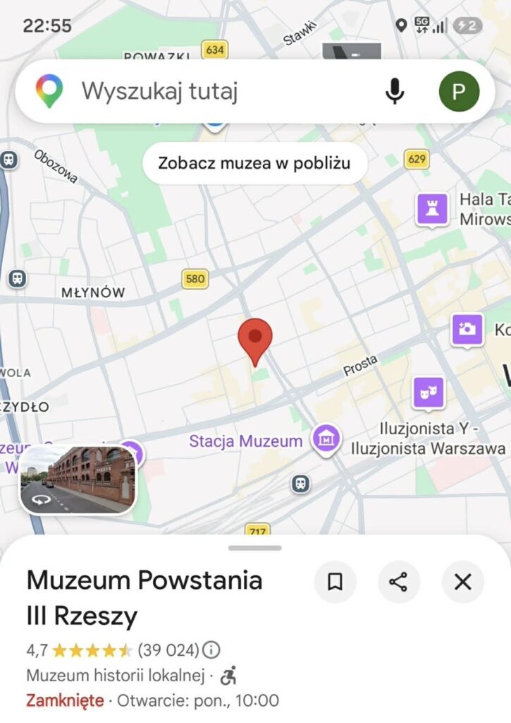 Mapka z lokalizacją Muzeum Powstania III Rzeszy w Warszawie z zaznaczoną pozycją.