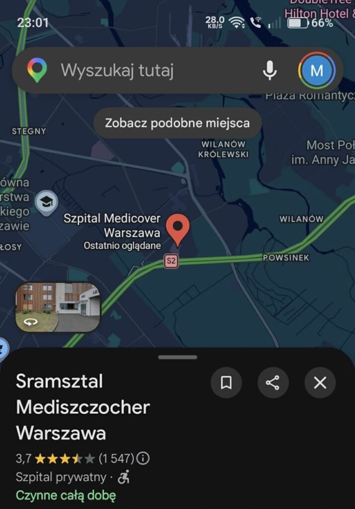 Mapa z zaznaczonym Szpitalem Medicover w Warszawie, z informacjami o ocenie oraz godzinach otwarcia.