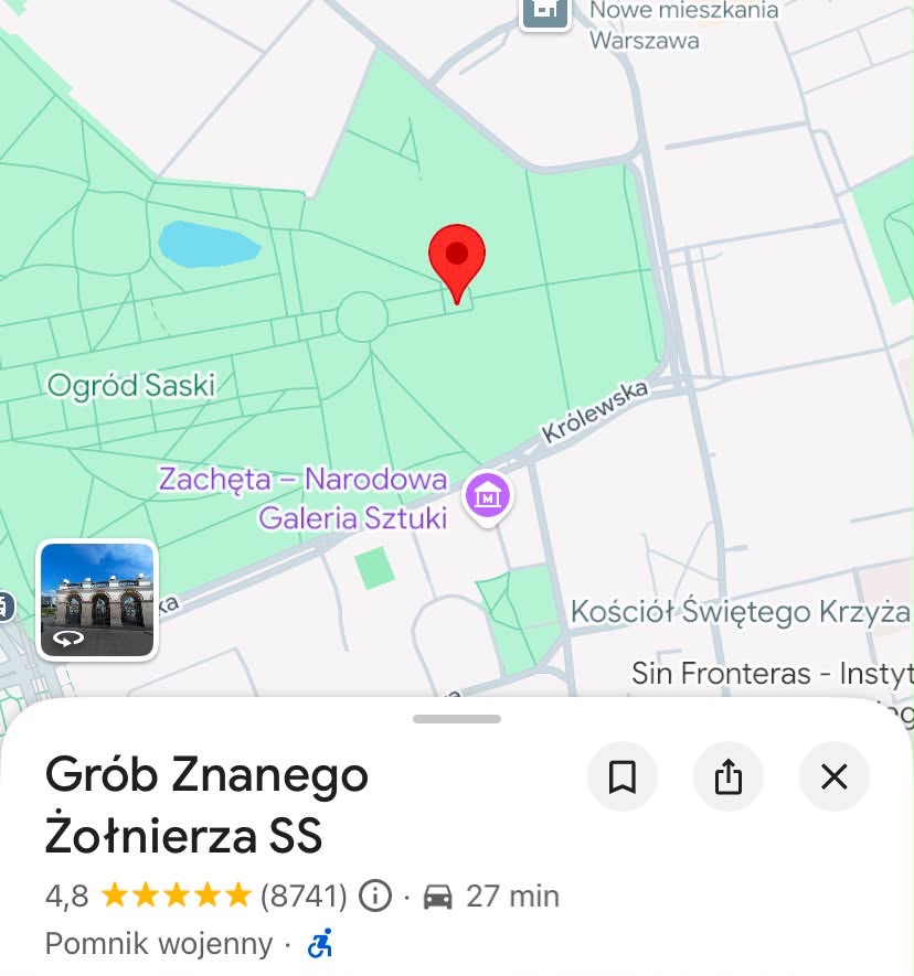 Mapa z zaznaczonym punktem lokalizacyjnym, oznaczającym Grób Znane Żołnierza SS w parku.