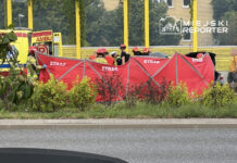 Grupa strażaków w kaskach otacza czerwoną osłonę ratunkową obok samochodu na drodze, w tle karetka.