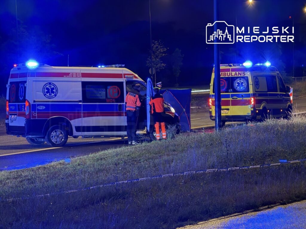 Zespół ratownictwa medycznego pracuje przy wypadku drogowym, otoczony przez niebieskie światła ambulansów na nocnej drodze.