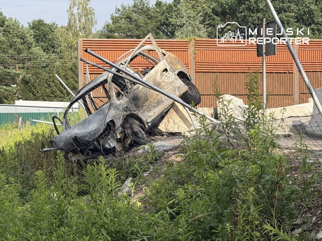 Spalony wrak samochodu leży na stoku, otoczony wysoką trawą i krzewami, w tle widoczny płot i budynki.