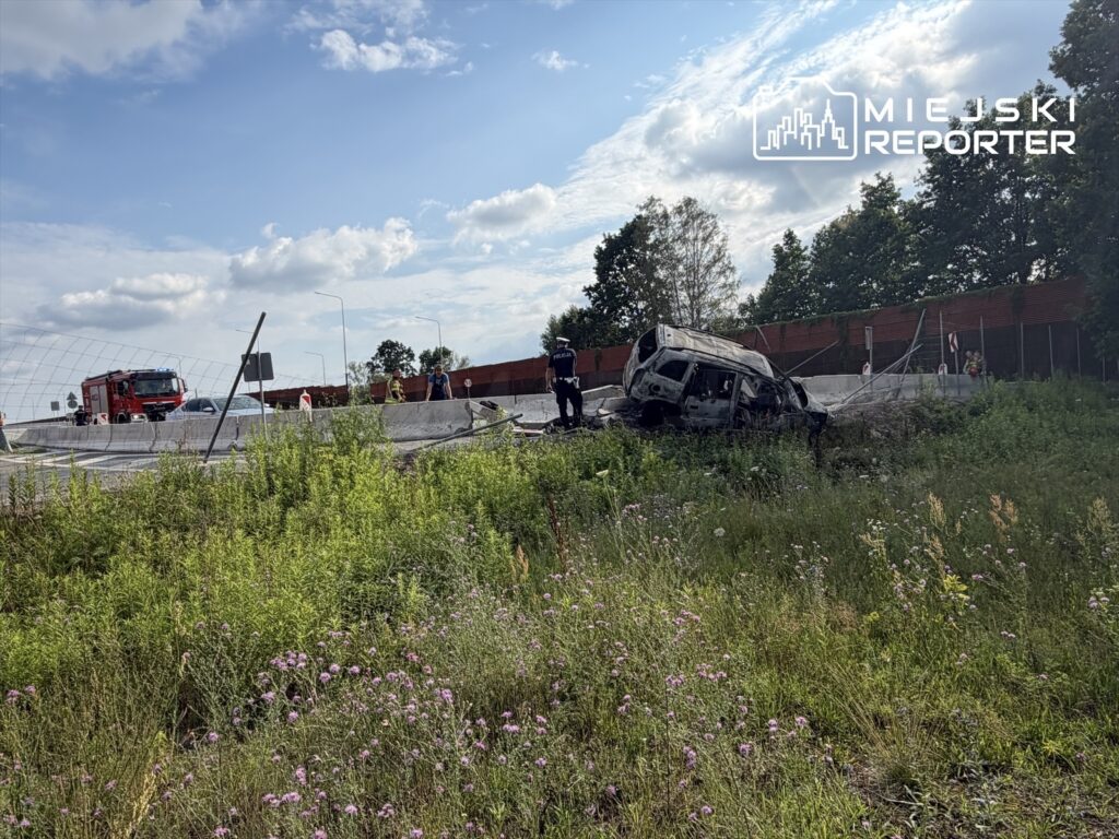 W miejscu wypadku stoi uszkodzony samochód, a obok pracują strażacy i policjanci. W tle widoczne zarośla i niebo.
