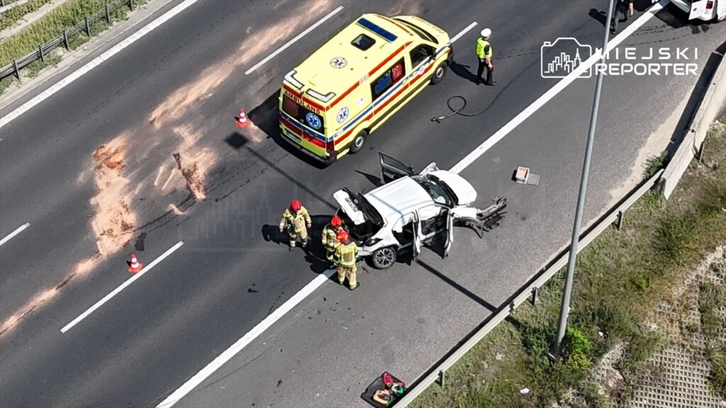 Czterech strażaków bada uszkodzone auto na autostradzie, obok stoi ambulans, a na drodze widoczne ślady oleju.