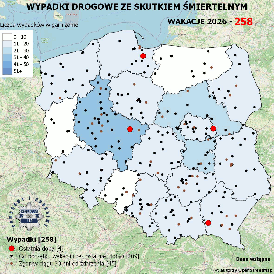 Mapa przedstawiająca wypadki drogowe ze skutkiem śmiertelnym w Polsce w czasie wakacji 2026, z oznaczeniem lokalizacji zdarzeń.