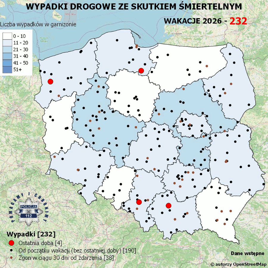 Mapa przedstawiająca wypadki drogowe ze skutkiem śmiertelnym w Polsce, z oznaczeniem miejsc zdarzeń w różnych kolorach.