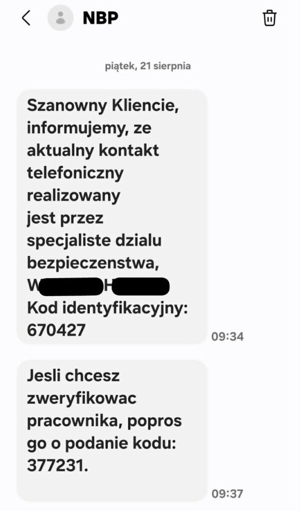 Wiadomość tekstowa od NBP informująca klienta o aktualnym kontakcie telefonicznym oraz kodzie identyfikacyjnym.