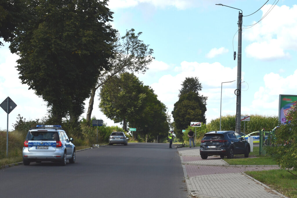 Policjant w kamizelce odblaskowej kieruje ruchem na drodze, obok zaparkowane samochody i znaki drogowe.