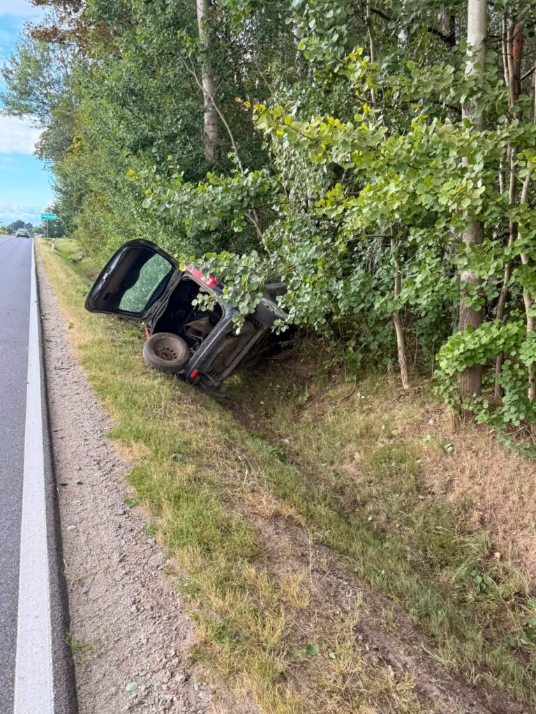 Samochód osobowy w rowie, obok drogi, otoczony drzewami i krzewami, z otwartymi drzwiami.