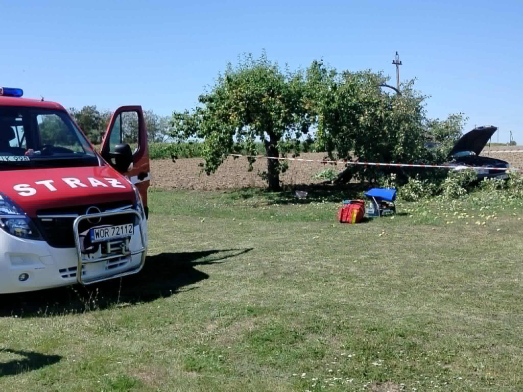 Czerwony wóz strażacki stoi na trawie obok otwartego bagażnika samochodu, w tle widać zarośnięte pole.