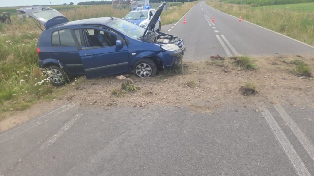Niebieski samochód osobowy stoi na poboczu drogi, z otwartą maską, a w tle widać policyjny radiowóz i trójkąty ostrzegawcze.