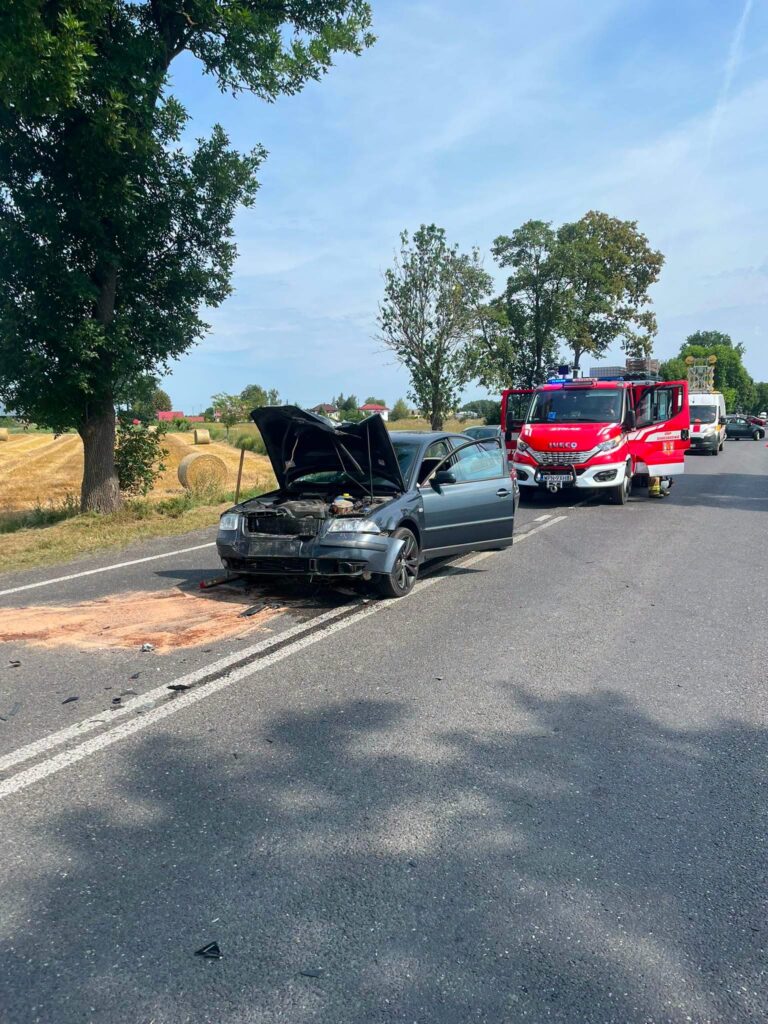 Zniszczony samochód osobowy stoi na drodze, obok interweniujący wóz strażacki. W tle widać pola i drzewa.